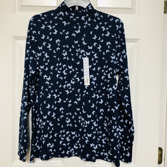 NWT CROFT&BARROW SIZE XL 100% COTTON LONG SLEEVE MOCK -NECK NAVY BUTTERFLY  hgd - Picture 2 of 5